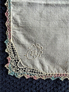 Vintage White Handkerchief Lace Trim Floral Embroidery Pink Blue